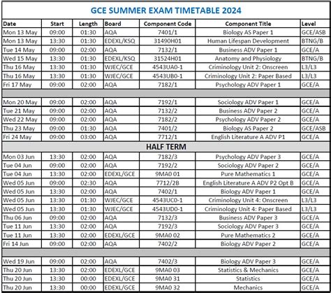 Summer Exam Timetable Summer Exam Timetable